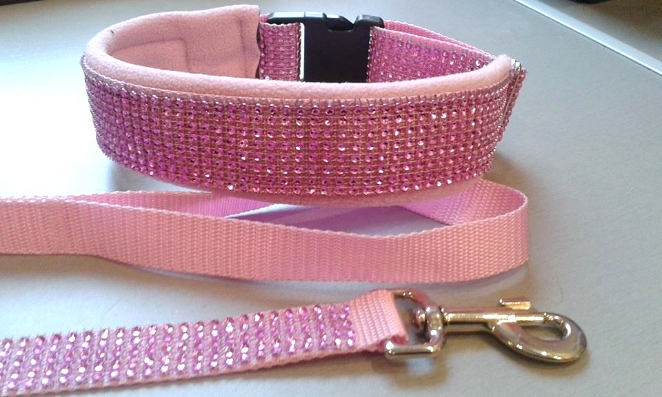 Strassoptik Nylonhalsband, Hundehalsband, Strasshalsband rosa 5cm breit