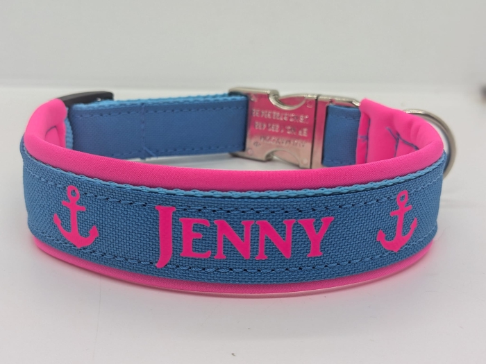 Personalisiertes Hundehalsband pink/türkis mit Strassnieten